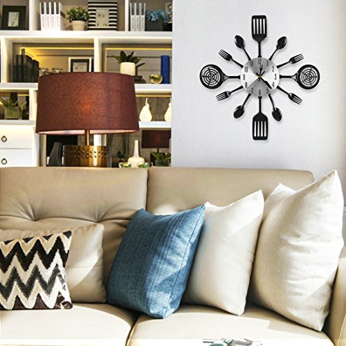 16 Inch Cutlery Kitchen Wall Clock - Silent Non-Ticking, Battery Operated, Fork & Spoon Design for Home, Dining Room Decor, for Mom, Wife, Cooking Lovers