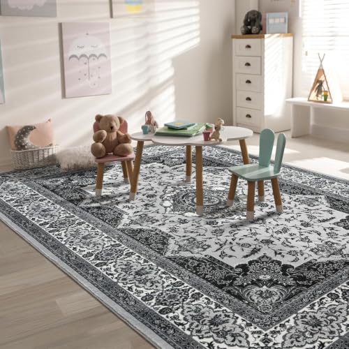 4x6 Area Rugs for Living Room, Washable Rug Vintage Floral, Gray