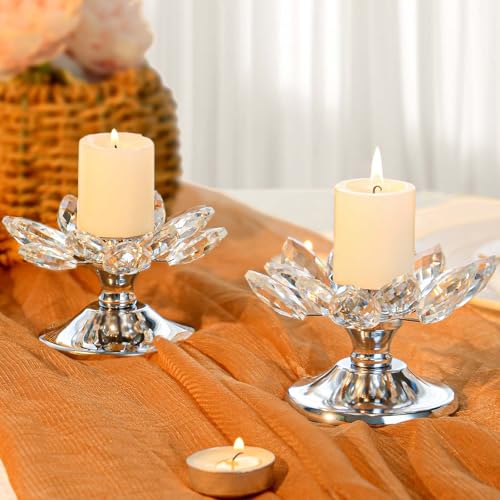 1 PC Silver Crystal Flower Tea Light Holder, Glass Tealight Candlestick with Metal Base, Votive Candle for Table Centerpiece, Wedding/Parties Decor, Nice Gift