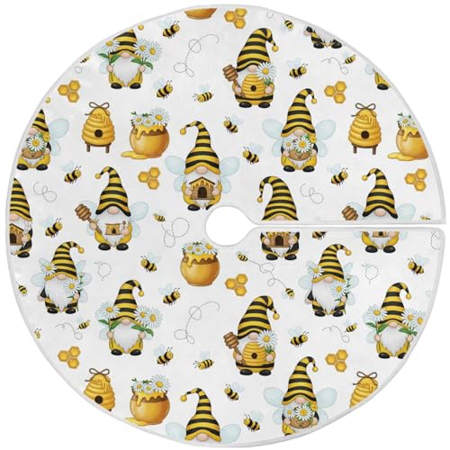 Spring Gnomes Bee Tree Skirt 36" Yellow Honey Flowers Dwarf Christmas Tree Skirts Rustic Farmhouse Xmas Mat for Holiday Festival Party Decor