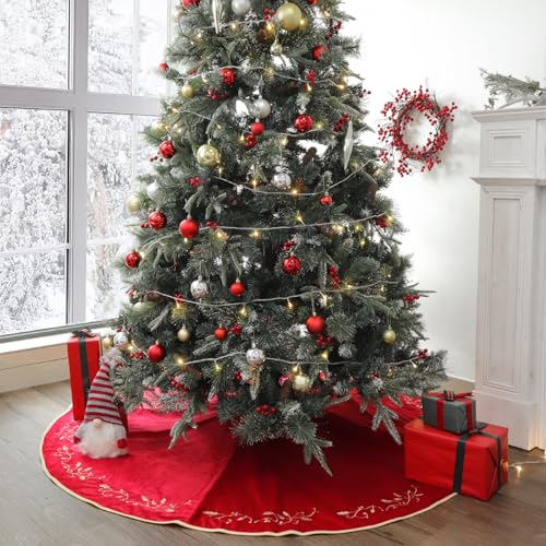 Bunny Chorus Christmas Tree Skirt, 60 Inch Red Christmas Tree, Large Rustic Velvet Fur Plush Tree Skirts, Xmas Tree Skirts with Gold Embroidered Holly Leaf for Christmas Tree Decorations