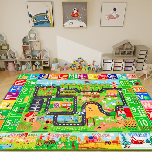Kids Rug for Car Toy Farm Track View, Farm Life Road Traffic for Playroom Kids, Educational Play Mat for Toddlers Nursery Classroom (3-ABC Farm, S-59×39.4")