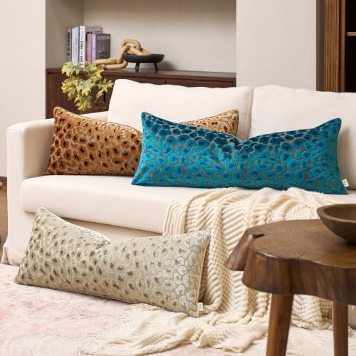 Alerfa Beige Floral Throw Pillow Cover 14 x 36 Inch Cut Velvet Rectange Luxury Decorative Lumbar Pillow Cover for Couch Living Room Bedroom