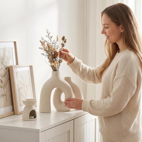 CEMABT Modern Nordic Boho Vase Set - Elegant Beige Matte Ceramic Vase for Living Room, Bookshelf, Mantel, Entryway Table & Console Decor | Home Decor Shelf Decorations Easter Gift