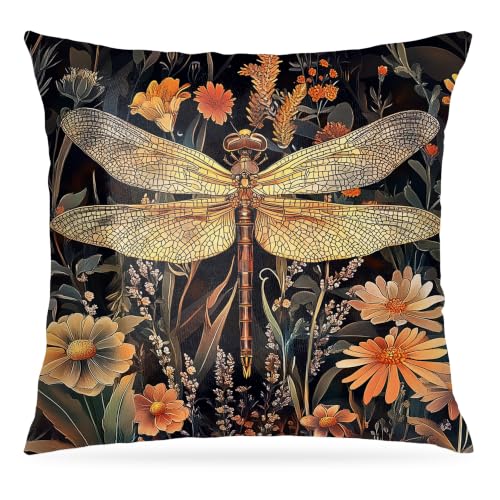 Rustic Autumn Floral Dragonfly Pillow Covers 18x18,Dragonfly Gifts for Women,William Morris Inspired Vintage Dark Cottagecore Floral Botanical Decor Throw Pillow Covers for Home Living Bedroom.