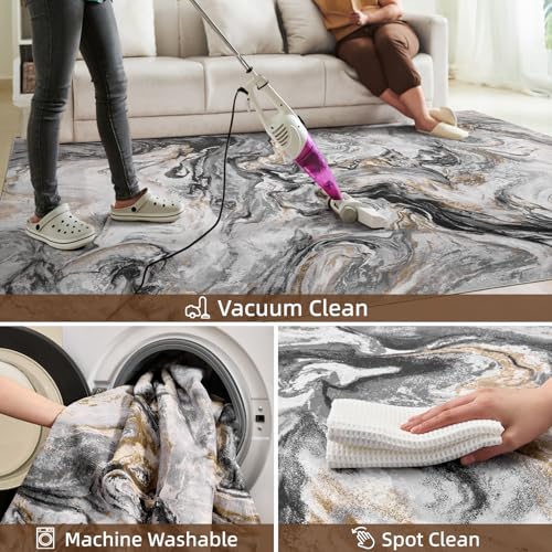 PADOOR Abstract 9'x12' Area Rug, Washable Non-Slip Low Pile, Marble Black