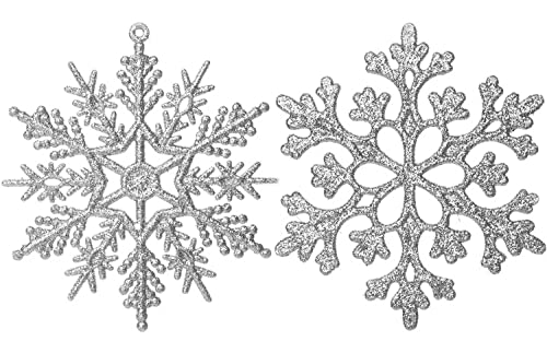 36 Pack Silver Glitter Snowflake Ornaments, Plastic Christmas Glitter Snowflake Winter Wonderland Christmas Tree Decorations, 4 Inch, Silver