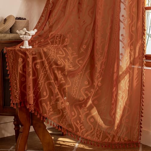 WAZZIO Boho Lace Curtains 84 Inch 2 Panels-Vintage Sheer Panel Drape Floral Pattern & Tassel Light Filtering Privacy for Bedroom Dining Living Room,Cottage Earthy Full Decor Terracotta,W52 x 84L
