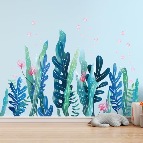 Amaonm 3D Under The Sea World Seaweed Grass Wall Decals, Removable Ocean Nature Scenery Baseboard Stickers DIY Art Decor for Wall Corner Nursery Bathroom Bedroom Living Room Kids Room Home Decor