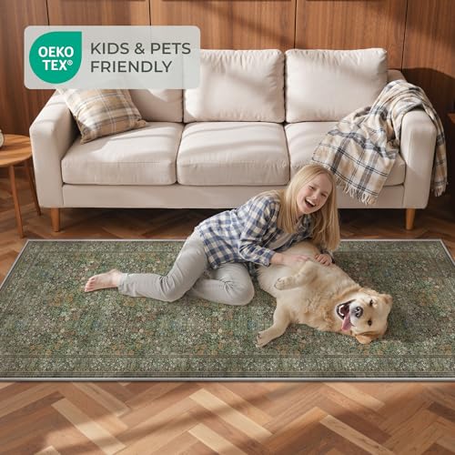 2x6 Runner Rug, Green Floral Rug for Entryway, Moynesa Washable Kitchen Rugs with Rubber Backing, Thin Soft Botanical Runners for Hallways, Bedroom, Laundry, Bathroom(2'x6', Dark Green)