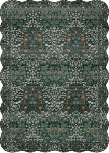 Scalloped Washable Runner Rug 3x25 Dark Green Floral Extra Long Hallway Rug