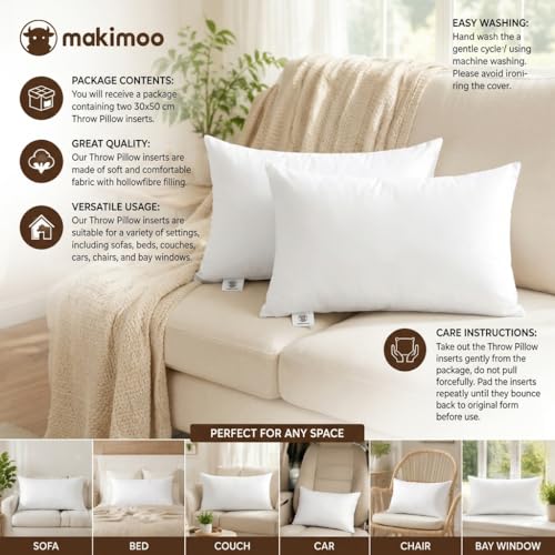 Throw Pillow Inserts 30 x 50cm (12" x 20"), Cushion Inserts, Hollowfibre Filling for Sofa, Bedding Cushion Pads (Pack of 2)