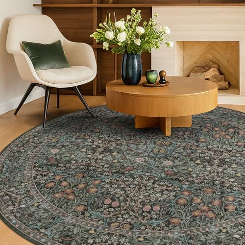 Washable Round Area Rug 6ft for Living Room, Non Slip Circle Rugs for Bedroom, Dining Room, Nursery, Kitchen, Home Office, Vintage Moody Dark Green Floral Low Pile Circular Carpet Indoor