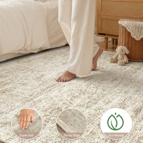 Area Rugs Round 8ft Washable Abstract Carpet Beige Brown