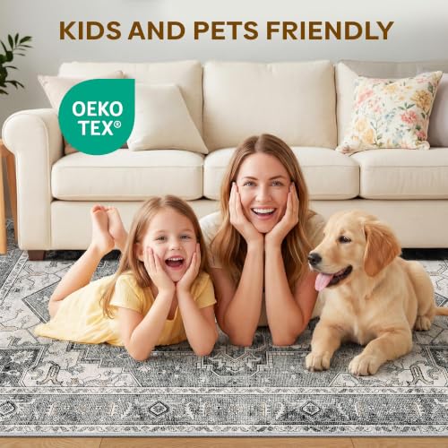LIVELYGLOW 9x12 Retro Vintage Area Rug, Non-Slip Carpet, Gray Vintage