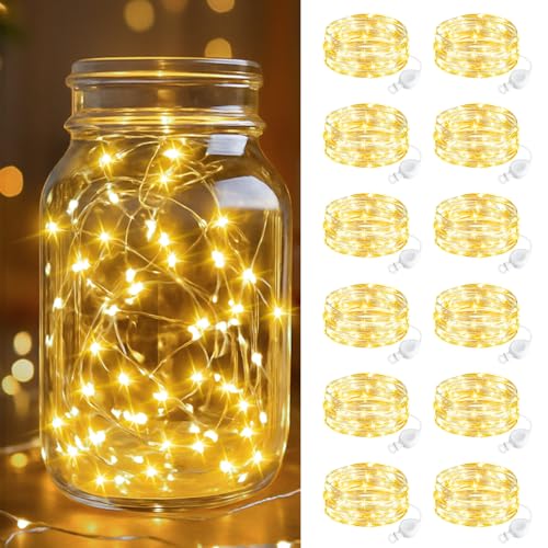 btfarm 12 Pack Fairy Lights Battery Operated, 7FT 20 LED Mini String Lights Waterproof Silver Wire for Mason Jars Centerpiece Table Crafts Bedroom Christmas Decoration, Warm White