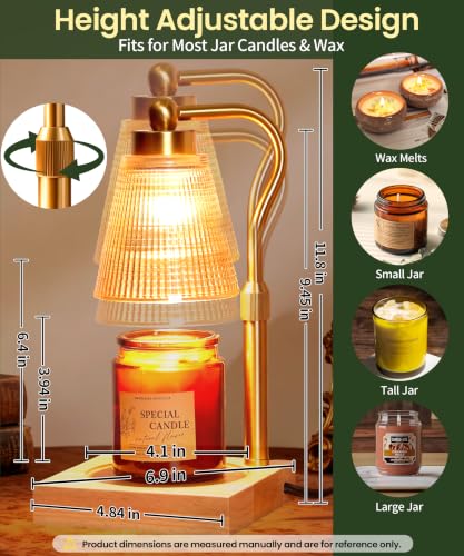 Height Adjustable Candle Warmer Lamp with Timer, 3 Dimmable Wax Melt Warmer, Birthday Gifts for Women Mom, House Warming Gifts New Home Decor, Candle Warmer for Jar Candles with 2 Bulbs,Gold-Amber