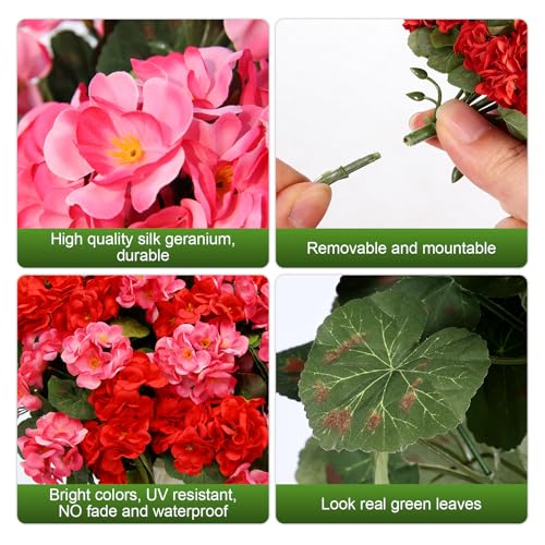 8 Bundles Artificial Geranium Fake Flowers for Outdoor UV Resistant, Outside Spring Red Pink Flower Decoration for Home Kitchen Table Cemetery Garden Planter, Front Door Silk Faux Plants
