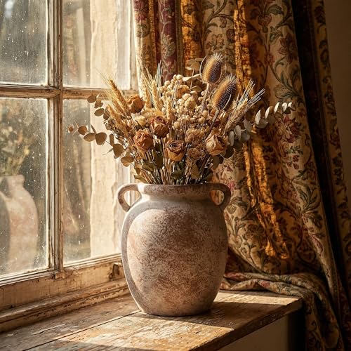 Ceramic Flower Vase Home Decor - 7.28Inch Farmhouse Rustic Vase,Double Handle Pottery Terracotta Vases for Living Room Dining Bedroom Table Decor Festive Decor Housewarming Gift