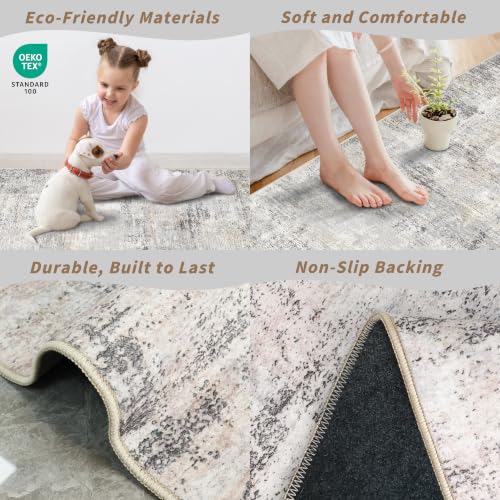 2x8 Washable Hallway Runner Rug – Non-Slip Modern Abstract Neutral Low-Pile Stain-Resistant Carpet Runner for Kitchen Entryway Bedroom Bathroom (Gray Beige,2x8)
