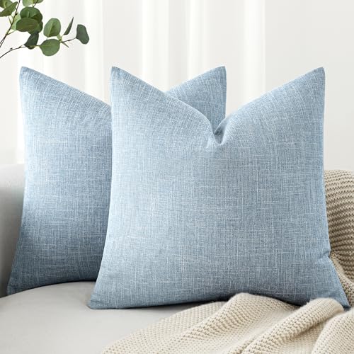 MIULEE Pack of 2 Decorative Linen Burlap Textured Pillow Covers Farmhouse Boho Accent Pillowcases Spring Coastal Home Decor for Couch Sofa Bedroom Living Room 18x18 Inch Light Blue