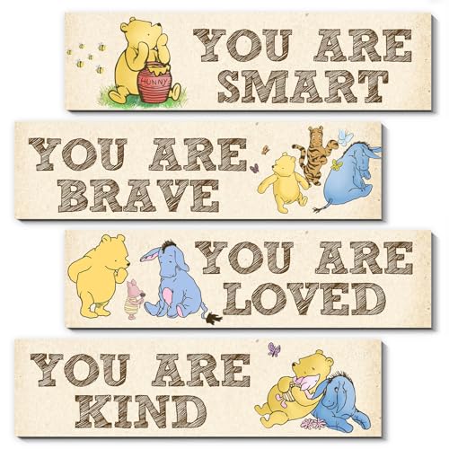 BirtDerr Winnie Room Decor- the Pooh Sign-Wooden Baby Stuff-Vintage Nursery Decor-4PCS Wall Decor Wall Art(Classic)-You Are Kind Brave