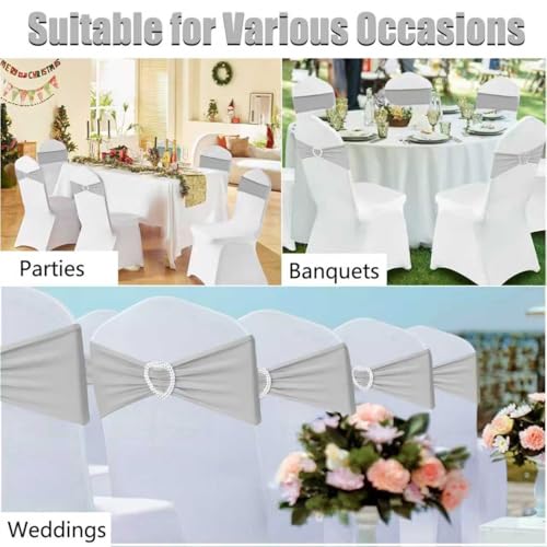 Silver Grey Chair Sashes 50 Pack Spandex Grey Sashes for Chairs Covers Universal Stretch Chair Sashes Band with Heart Buckle Slider for Wedding Banquet Party Decorations