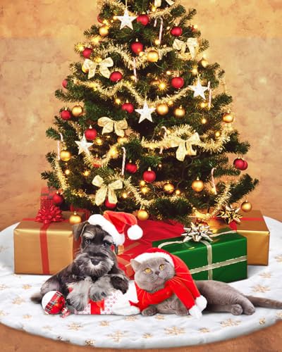 COOLWUFAN 60 Inches Faux Fur Christmas Tree Skirt for Xmas Tree Holiday Party Decoration White Plush Gold Sequin Snowflake (Gold)