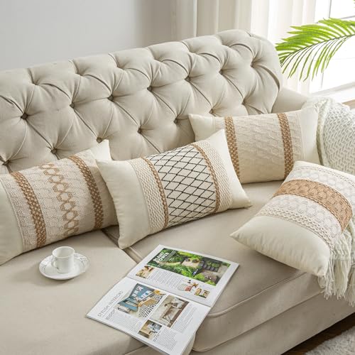 Lumbar Throw Pillow Covers 12 x 20 Inch 1PC for Farmhouse Living Room, Cotton & Burlap Textured Striped Woven Boho Pillow Covers (Beige & Brown, Single Striped)