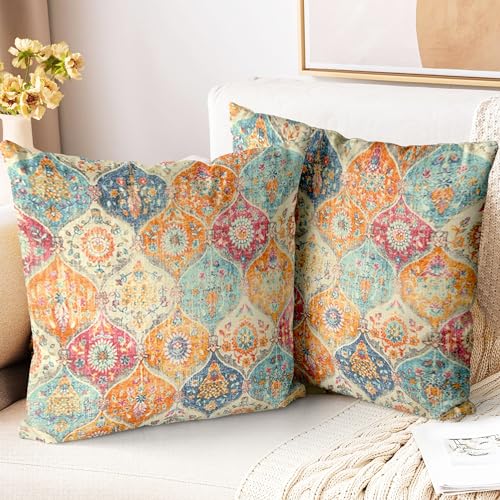 Boho Throw Pillow Covers 18x18 inch Set of 2,Soft Pillowcases Bohemia Carpet Printing Pattern Decorative Sofa Living Room Bed Square Pillow Case Cushion Cover-Cream Color