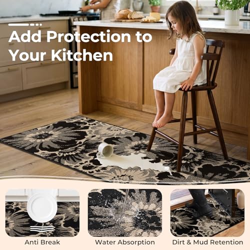Findosom Hallway Runner Rug 3x10, Non Slip High-Low Textured Floral Washable Runner Rug with Rubber Backing, Boho Carpet Runner for Kitchen, Entryway, Bedroom, Laundry, Black & Beige