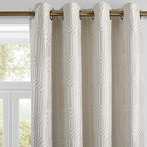 Beige and Silvery 100% Blackout Jacquard Geometric Pattern Curtains,52 Inch Wide 84 Inches Long 2 Panels, Thermal Insulated Noise Reducing Anti-Rust Grommet Drapes for Bedroom Living Room, Cream