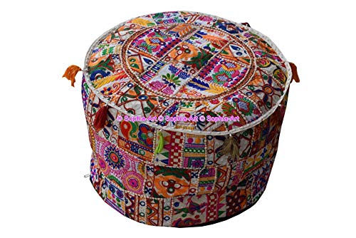 Sophia-Art Indian Embroidered Patchwork Cover Indian Decorative Pouf Indian Comfortable Floor Cotton Cushion Ottoman Pouf,Indian Designs Ethnic Patchwork Pouf (White Rajkoti, 14"x22")