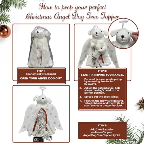iHeartDogs Christmas Tree Topper Decoration - The Original Dog ‘Christmas Miracle’ Angel Dog Tree Topper LED Lighted Halo, Snowflake Garland & Wings Decor Ornament, Holiday Decoration