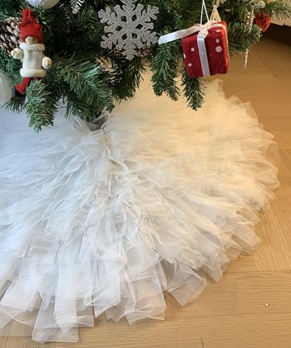 AOGU 60 Inch Fluffy Tulle Christmas Tree Skirt Vintage and Elegant Design Perfect for Christmas Tree Decorations White