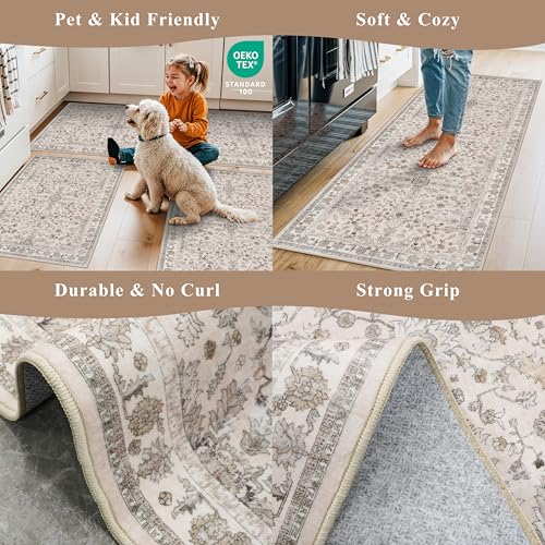 4x5 Washable Kitchen Entryway Rug – Non-Slip Soft Low Pile Indoor Carpet for Bathroom Living Room Bedroom – Boho Floral Small Throw Area Rug (Beige,4x5)