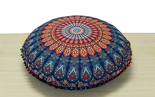 CRAFT KALA 32" in Round Mandala Floor Pillow Cushion Cover Seating Throw Cover Hippie Decorative Bohemian Ottoman Poufs Pillow Cover Cases Boho Cotton Living Yoga Home Décor Room (Multi Peacock)
