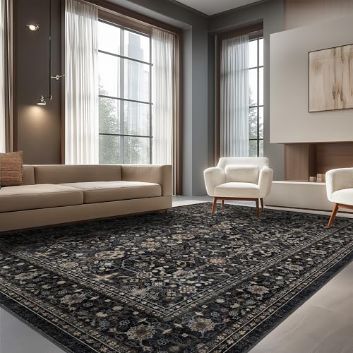Ruaruarug Washable Area Rug 8x10 for Living Room, Bedroom, Ultra Soft Non Slip Stain & Fade Resistant, Pet & Kids Friendly, Suitable for High Traffic Areas Easy to Clean for Office Kitchen, Black Grey