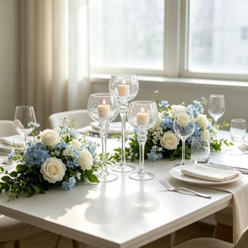 Hosley Set of 3 Crackle Clear Glass Tealight Holders -12 Inch, 10 Inch, 9 Inch Ideal for Weddings Special Events Parties