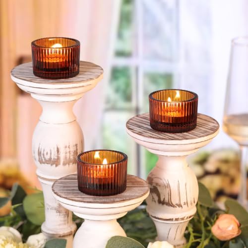 12 Pcs Amber Tealight Candle Holder Glass Votive Candle Holder| 2" x 1.4" Small Votive Candle Holders for Fall Halloween Thanksgiving Christmas Wedding Decor Table Centerpiece Party Supplies