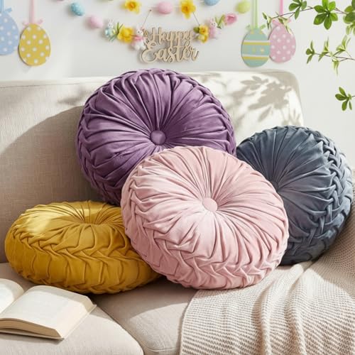 Kathfly 4 Pcs Decorative Round Pleated Throw Pillows, Classy Velvet Pumpkin Round Throw Pillows, Decorative Floor Pillow for Bed Chair Home Sofa Decor, 14" Diameter (Easter Colors)