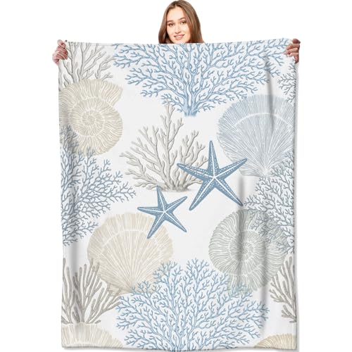 Nautical Beach Flannel Throw Blanket 50x60 Inch, Blue Beige Coral Seashell Starfish Ocean Decor, Soft Sea Fleece Blankets for Sofa Couch Bedroom, Coastal Home Decorative Gifts for Marine Lovers