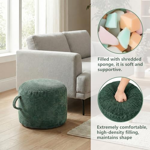 ele ELEOPTIO Round Stuffed Pouf Ottoman Corduroy Poufs with Foam Chunk Filling Pouf Foot Stool Storage Ottoman, 20 X 15 Floor Poufs Foot Rest for Living Room Green