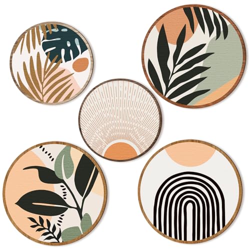 Qunclay 5 Pcs Wall Art Decor Wooden Living Room Wall Decor Bohemian Hanging Farmhouse Geometric 10'' and 8'' Aesthetic Wood Minimalist Posters for Bedroom(Boho, Leaf)