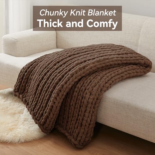 Negwoo Chunky Knit Throw Blanket, 50''*60'' Knitted Throw Chenille Yarn for Bed Couch, Handmade Dark Brown Crochet Big Thick Blanket, Machine Washable Cute Comfy Blanket for Home Decor