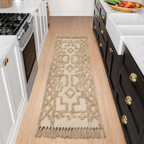 Uphome Boho Hallway Runner Rug 2' x 6', Khaki Cotton Washable Bathroom Rug Runner with Tassels, Hand Woven Tribal Kitchen Runners, Morrocan Accent Throw Carpet for Laundry Porch Bedroom Living Room