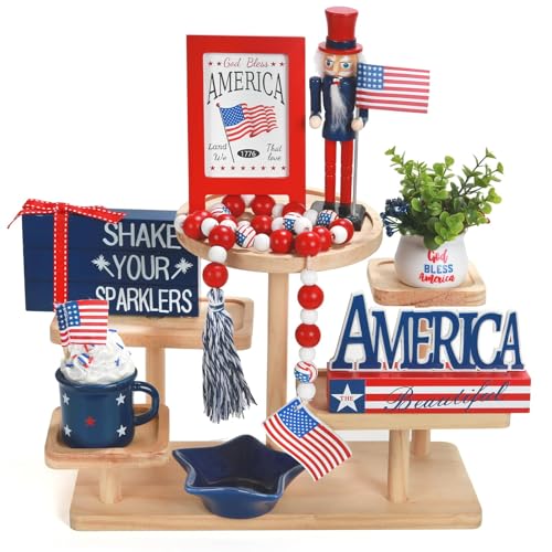 4th of July Decorations Patriotic Tiered Tray Decor Set, 8 PCS Memorial Day Fourth of July Decorations for Home Office Farmhouse Red White and Blue Tabletop Centerpieces Shelf Mantel Tray Decor Signs