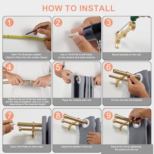 Double Curtain Rods with Aluminum End Cap and Full Surround Brackets,1"Front and 5/8" Back Rod,Adjustable between 36 to 72 Inches (3-6 Feet), Warm Gold Double Window Drapery Rod