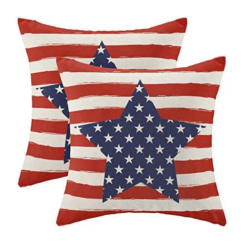 4th of July Pillow Covers 18x18 Inch Set of 2 Memorial Day Independence Day Red Stripe Blue Star Decor Throw Pillows American Flag USA Patriotic Outdoor Cushion Cases for Couch Bed Decorations