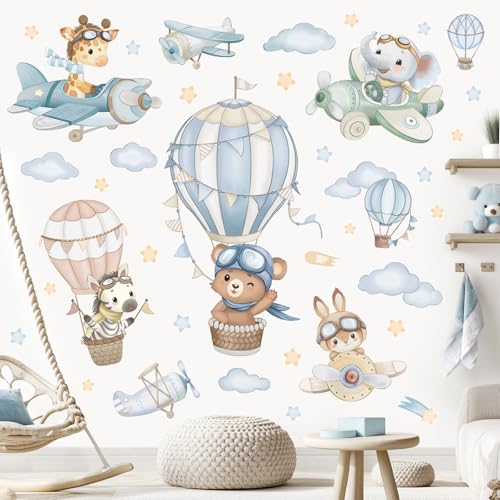 wondever Watercolor Hot Air Balloon Animals Wall Stickers Airplane Bear Elephant Cloud Peel and Stick Wall Art Decals for Kids Baby Nursery Bedroom